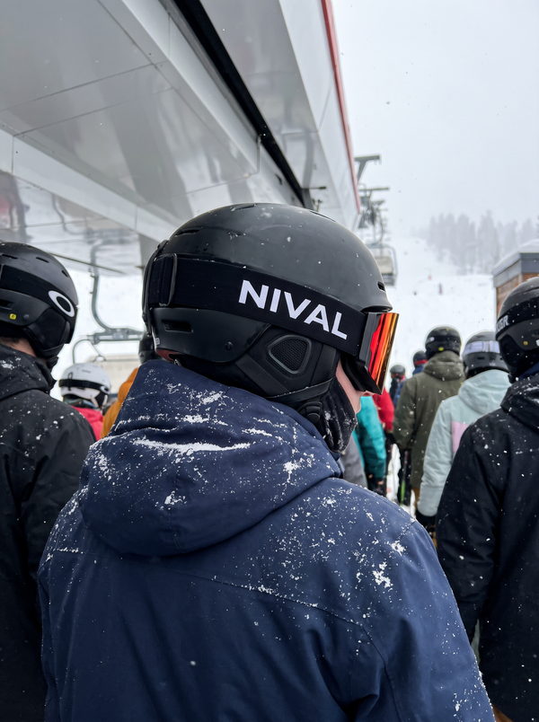Rider wearing NIVAL heated goggles