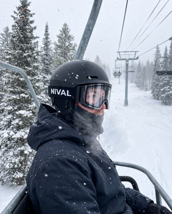 Rider wearing NIVAL heated goggles