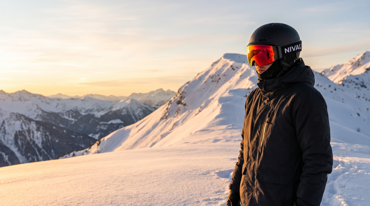 Snowboarder wearing heated goggles on a ridge